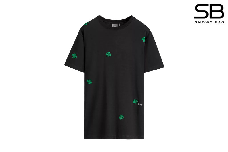 Áo thun Dior Clover Embroidery Relaxed Fit Black Cotton Jersey Đen sang trọng