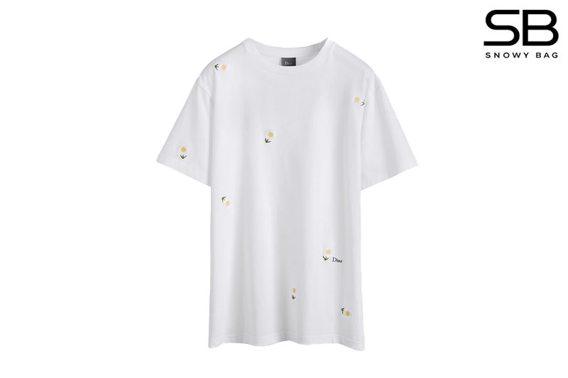 Áo thun Dior Daisy Embroidery Relaxed Fit White Cotton Jersey Trắng sang trọng