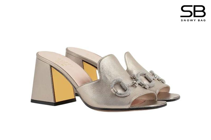 Dép Cao Gót Gucci Slide Sandal with Crystal Horsebit Light Gold sang trọng