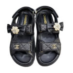 Dép CN Dad Sandal Camellia Ribbon Black Lambskin Màu Đen sang trọng và tinh tế