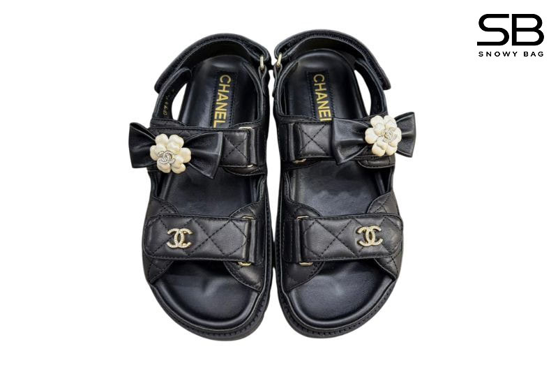 Dép CN Dad Sandal Camellia Ribbon Black Lambskin Màu Đen sang trọng và tinh tế