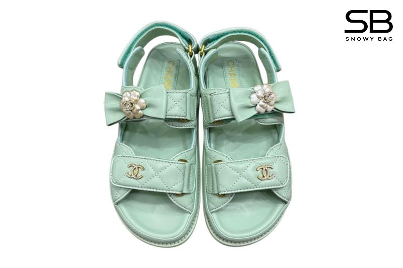 Dép CN Dad Sandal Camellia Ribbon Mint Green Lambskin màu xanh mint sang trọng