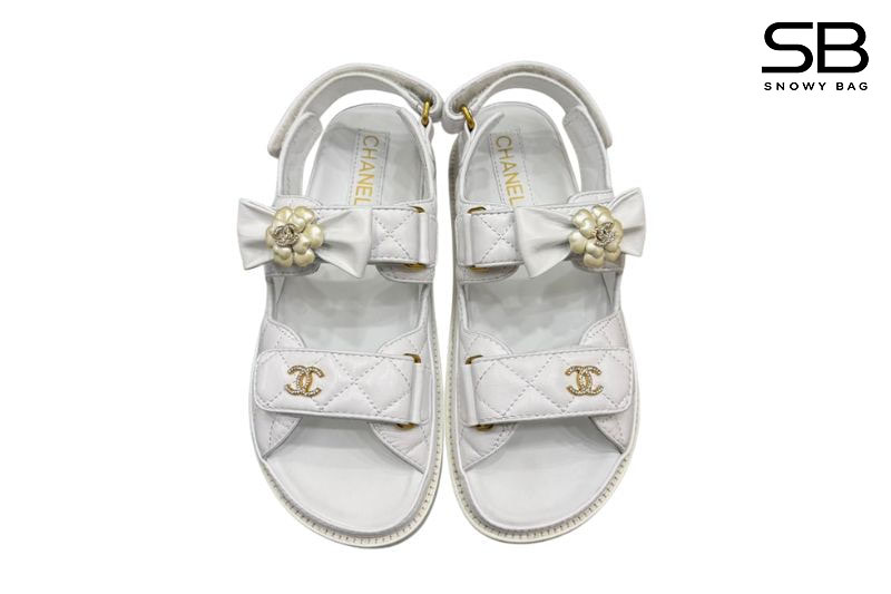 Dép CN Dad Sandal Camellia Ribbon White Lambskin Màu Trắng sang trọng