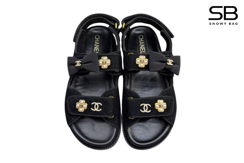 Dép CN Dad Sandal Pearl Ribbon Black Suede Màu Đen sang trọng và thời thượng