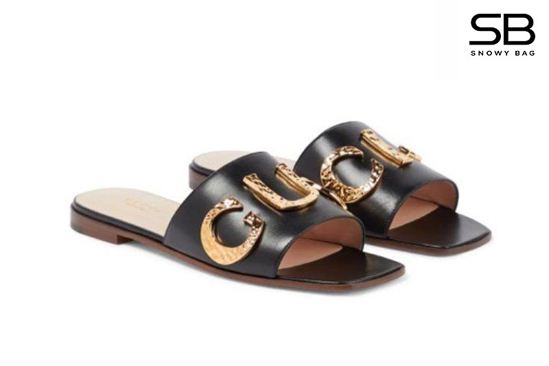 Dép Gucci Cara Logo Leather Flat Slides In Black