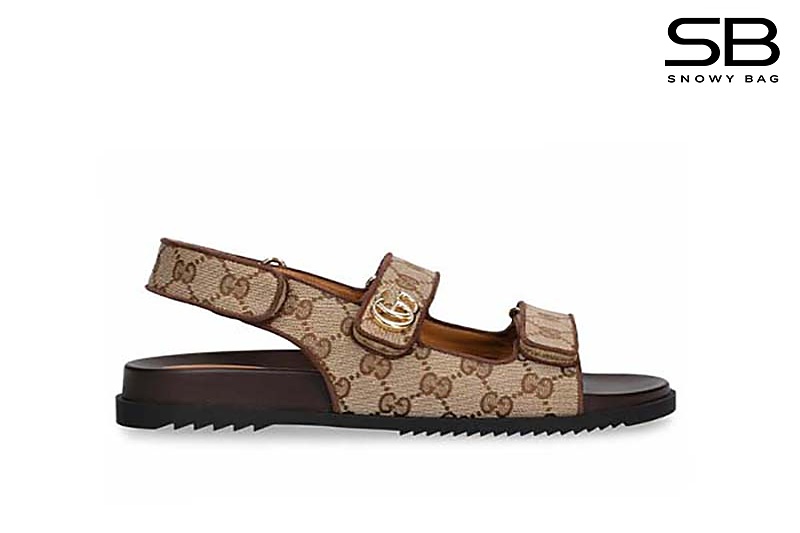 Dép Gucci Sandal With Double G Beige Ebony GG Canvas Be Nâu sang trọng