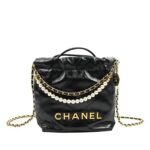 Túi Chanel 22 Mini Handbag Black Crumpled Calfskin Pearl Chain GHW 20CM sang trọng