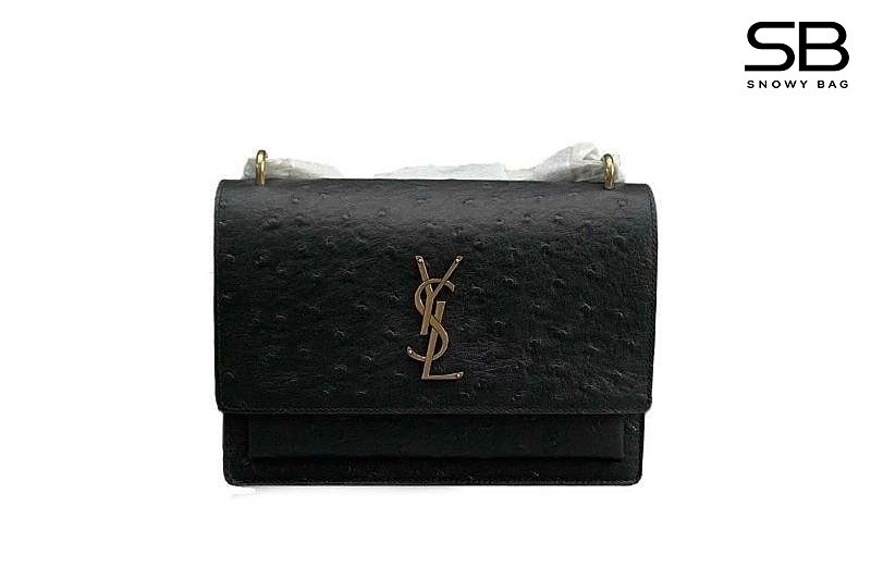 Túi YSL Medium Sunset Chain Bag Black Ostrich Embossed GHW sang trọng