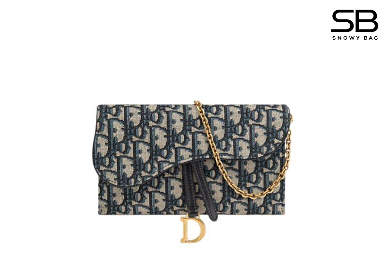 Ví Dior Saddle Long Wallet with Chain Blue Dior Oblique Jacquard sang trọng