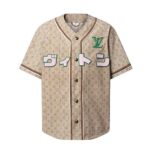 Áo LV Pharell and NIGO AW25 Baseball Shirt Beige Monogram Pink Logo thời trang cao cấp