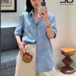 Áo Sơ Mi LV Patchwork Jacquard Short-Sleeved Shirt Monogram Pale Blue góc nghiêng chi tiết