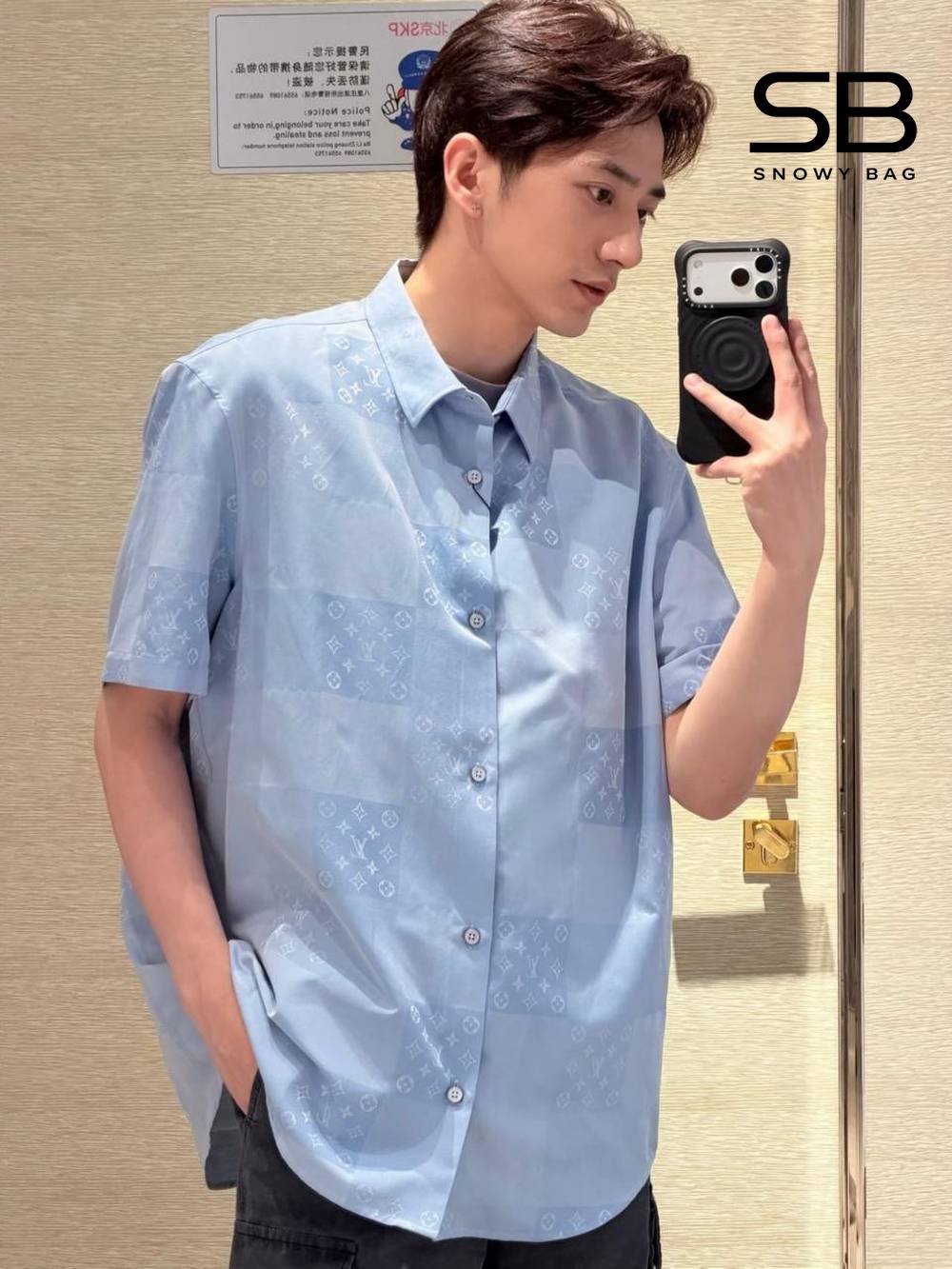 Áo Sơ Mi LV Patchwork Jacquard Short-Sleeved Shirt Monogram Pale Blue cao cấp
