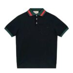 Áo Thun Gucci Cotton Piquet Polo With Web Collar Black Đen phong cách thời trang