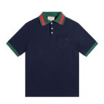 Áo Thun Gucci Cotton Piquet Polo With Web Collar Navy Xanh sang trọng