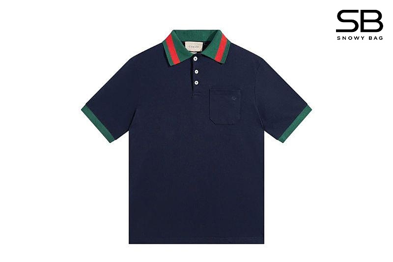 Áo Thun Gucci Cotton Piquet Polo With Web Collar Navy Xanh sang trọng