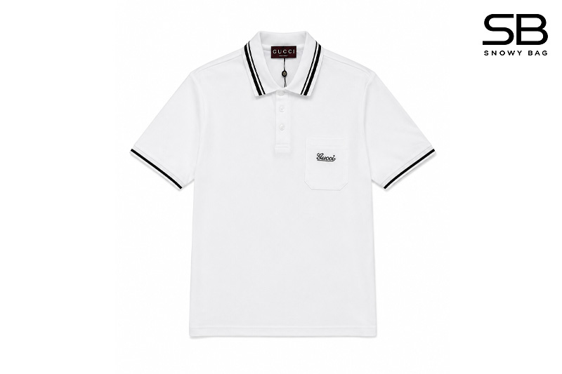 Áo Thun Gucci Polo trắng cổ sọc đen túi có chữ Gucci