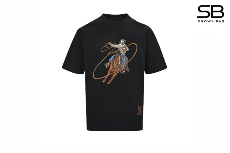 Áo Thun LV Graphic Embroidered Cowboy Cotton T-Shirt Black Đen thời trang