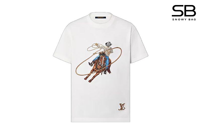 Áo Thun LV Graphic Embroidered Cowboy Cotton T-Shirt Milky White Trắng đẹp mắt