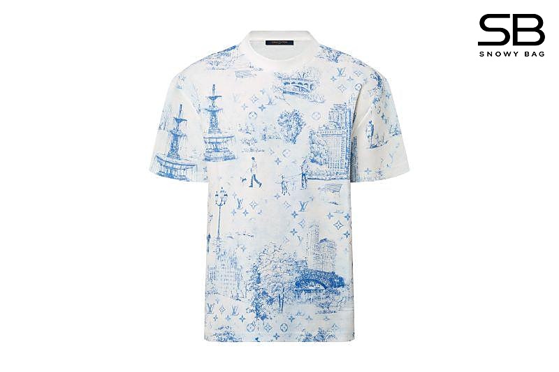 Áo Thun LV Printed Cotton Pique T-Shirt Monogram City Walk Trắng Xanh Dương sang trọng
