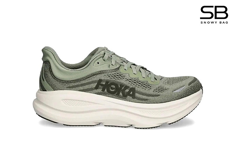 Giày Hoka Bondi 9 Sea Moss Xanh Olive, phong cách thể thao hiện đại.