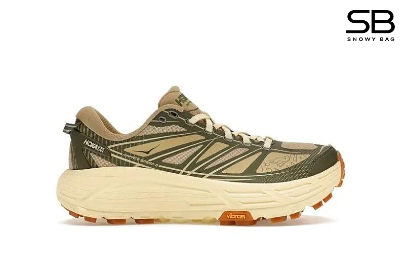 Giày Hoka Mafate Speed 2 End. Overland Chive Flan màu be rêu sang trọng.