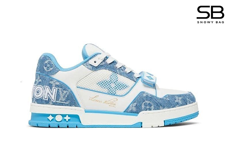Giày LV Trainer Velcro Strap Light Blue Monogram Denim Trắng Xanh Dương sang trọng