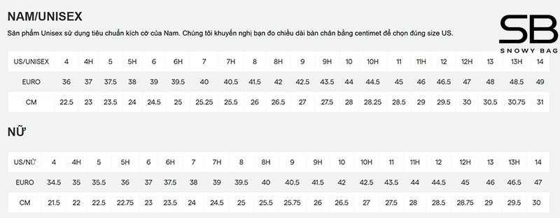 Bảng size giày Onitsuka cho nam nữ
