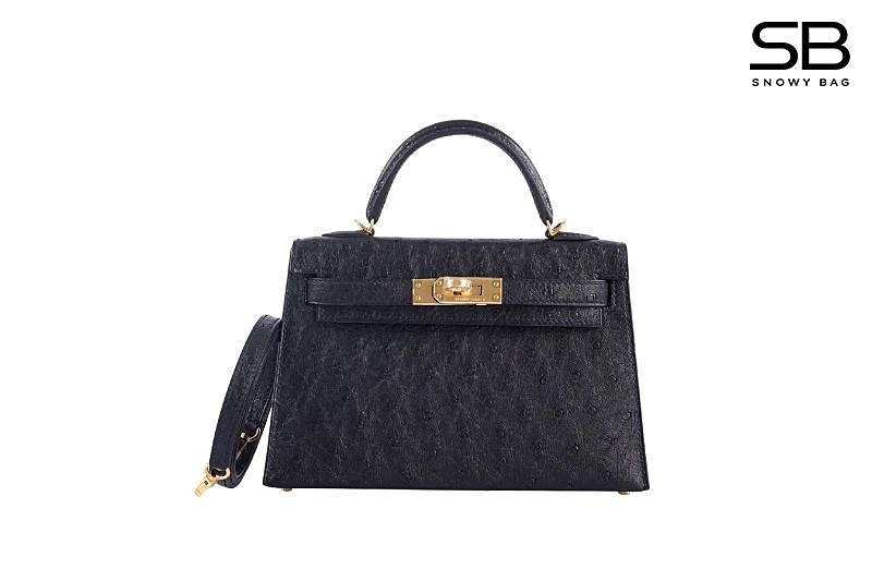 Túi Hermes Kelly 20 Mini II Black Ostrich Gold Hardware Đen sang trọng