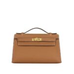 Túi Hermes Kelly Pochette 22 Gold Swift GHW Nâu Khóa Vàng Khâu Tay sang trọng