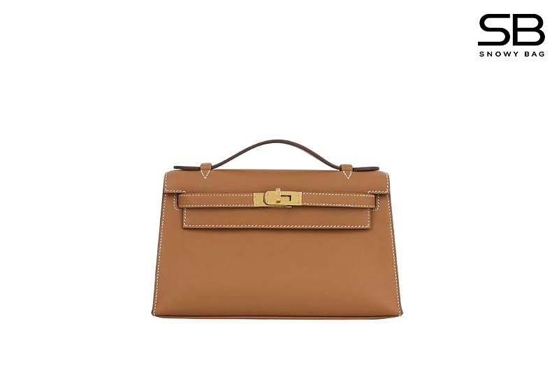 Túi Hermes Kelly Pochette 22 Gold Swift GHW Nâu Khóa Vàng Khâu Tay sang trọng