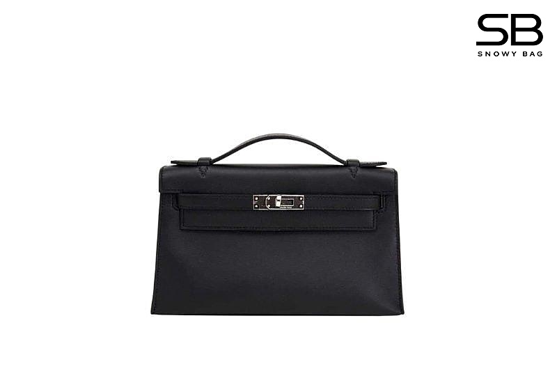 Túi Hermes Kelly Pochette 22 Noir Epsom PHW Đen Khâu Tay sang trọng