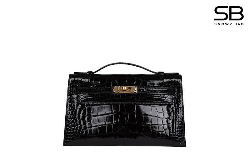 Túi Hermes Kelly Pochette 22 Noir Shiny Alligator GHW May Tay sang trọng