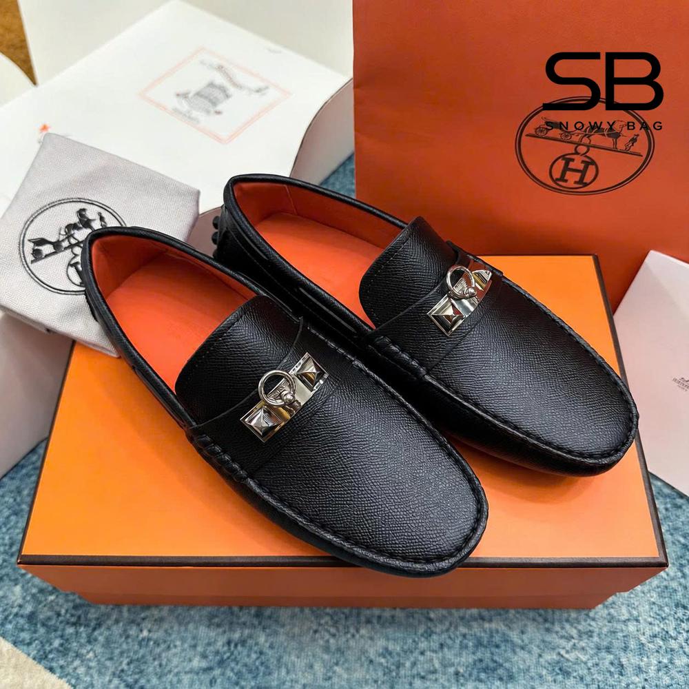 Giày Lười Hermes Irving Loafer Black Epsom SHW Khóa Trắng sang trọng
