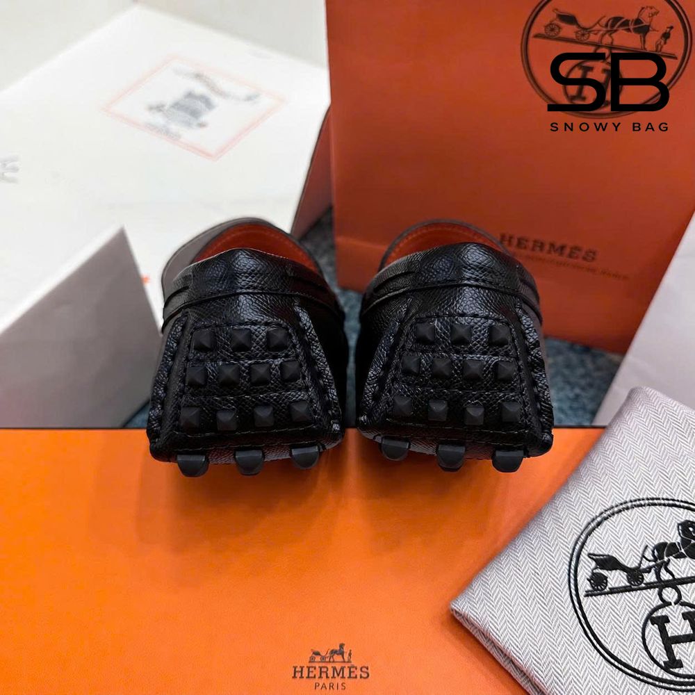 Giày Lười Hermes Irving Loafer Black Epsom SHW Khóa Trắng chi tiết