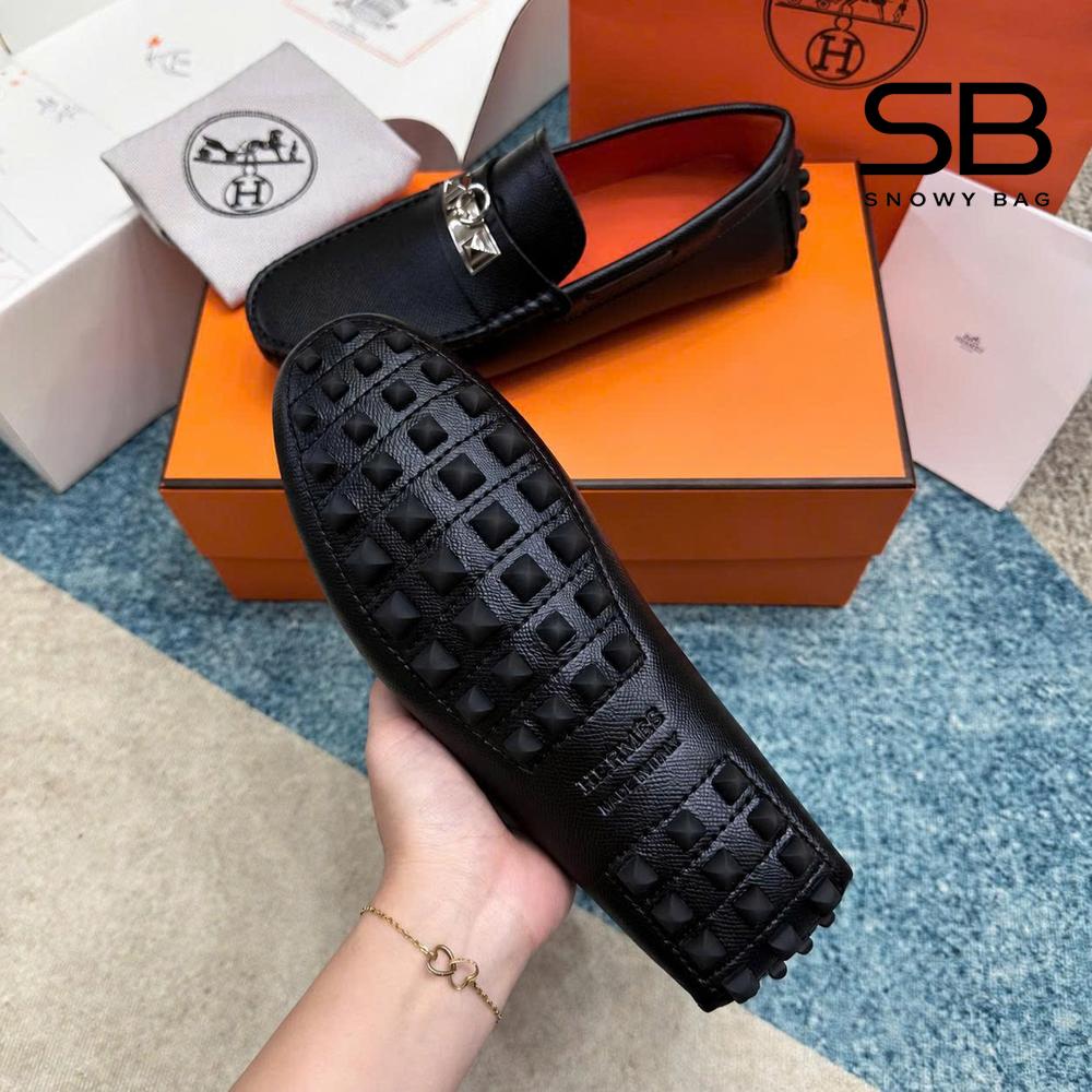 Giày Lười Hermes Irving Loafer Black Epsom SHW Khóa Trắng chi tiết