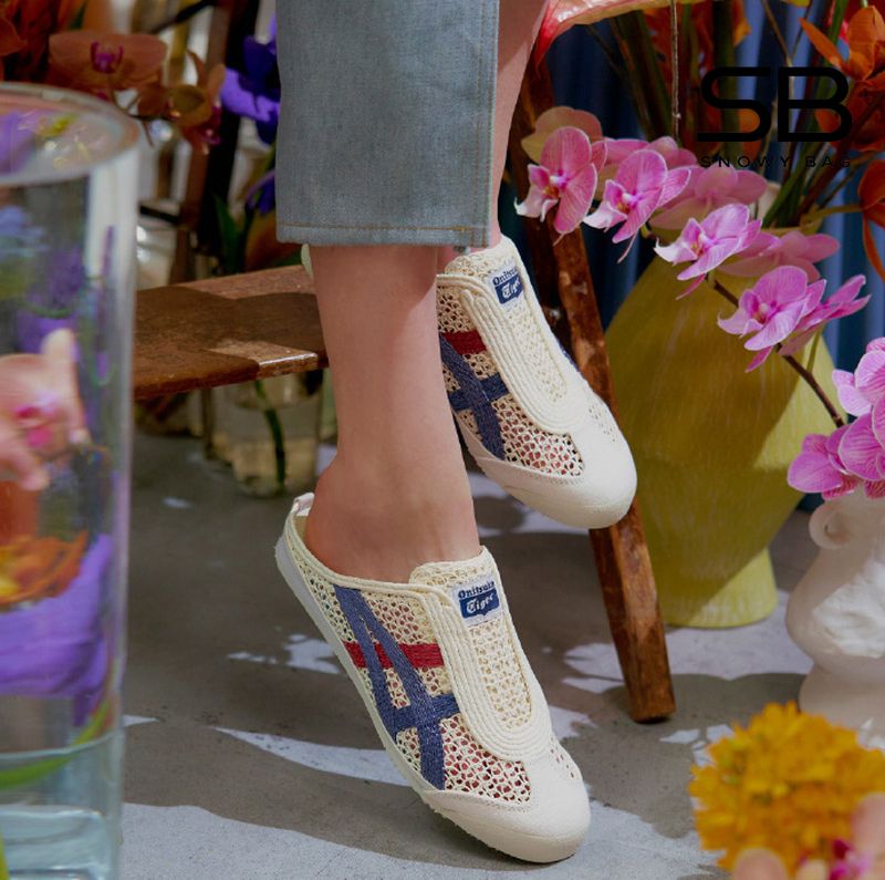 giày onitsuka sabot kem sọc xanh dương