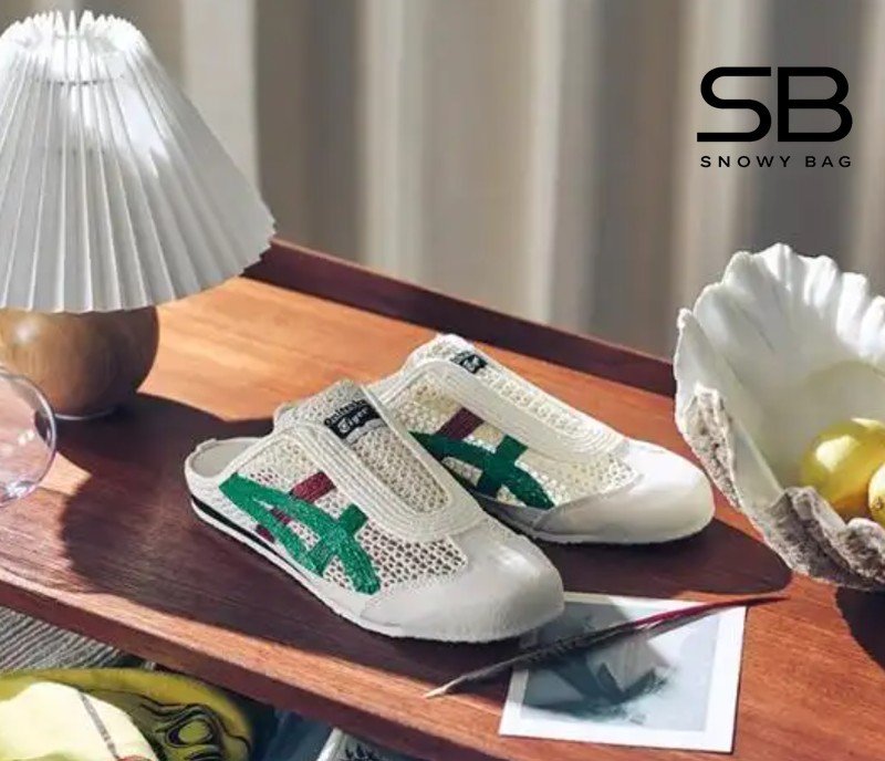 giày onitsuka sabot kem sọc xanh lá