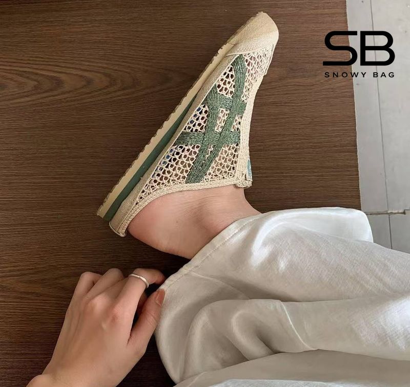 giày onitsuka sabot kem sọc xanh lá