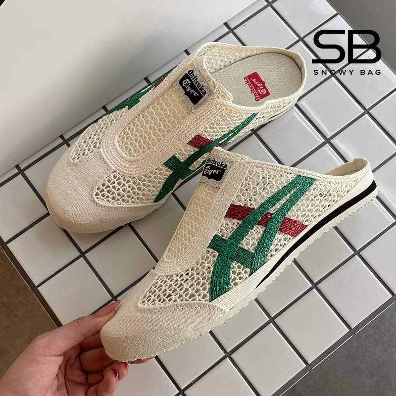 giày onitsuka sabot kem sọc xanh lá