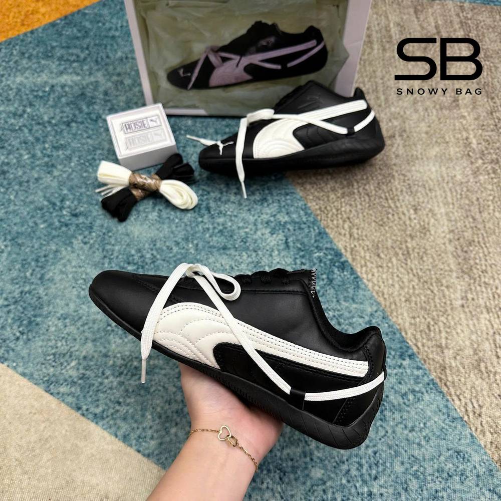 Giày Puma x Rosé Speedcat Leather Black White Đen Trắng góc nghiêng chi tiết