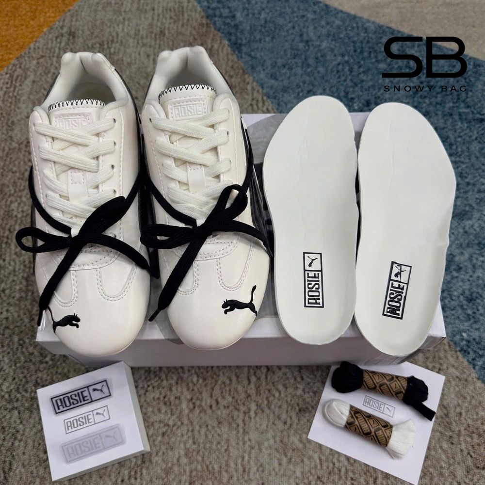 Giày Puma x Rosé Speedcat Leather White Black Trắng Đen với chi tiết logo sang trọng