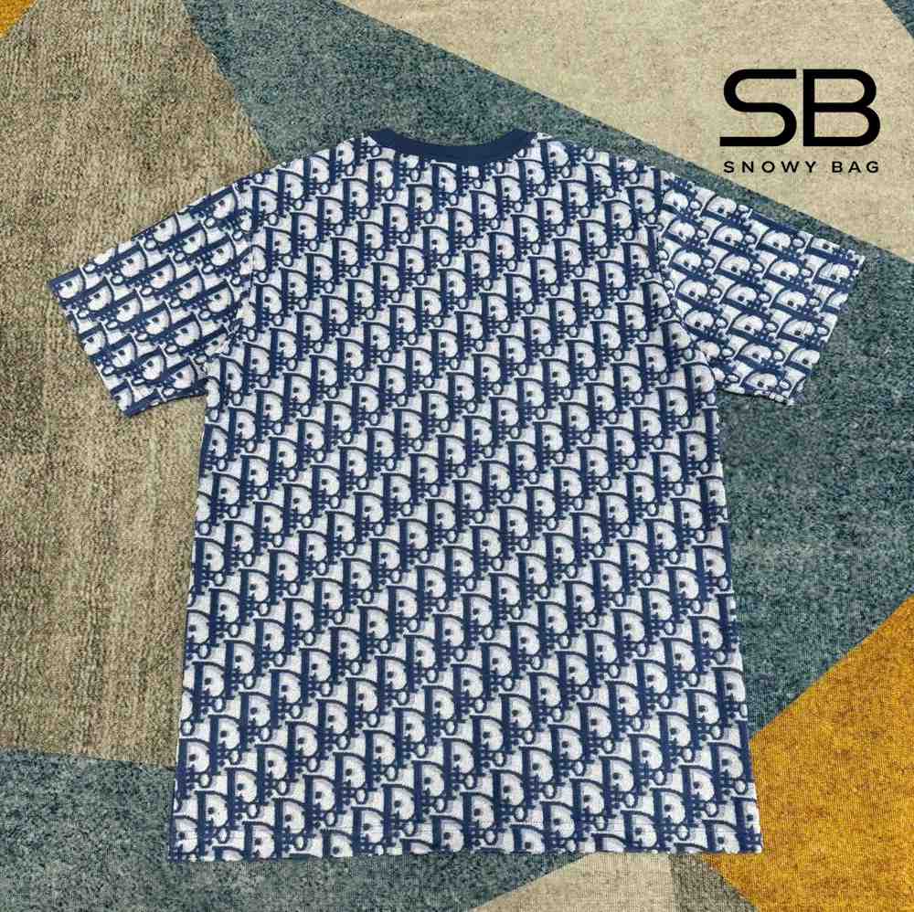 Áo Dior Oblique T-Shirt Blue Cotton Terry Jersey Xanh Dương góc nghiêng chi tiết
