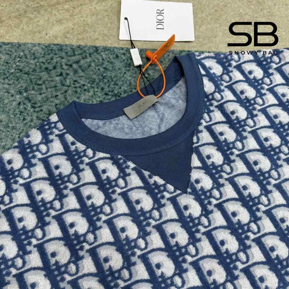 Áo Dior Oblique T-Shirt Blue Cotton Terry Jersey Xanh Dương với logo tinh tế