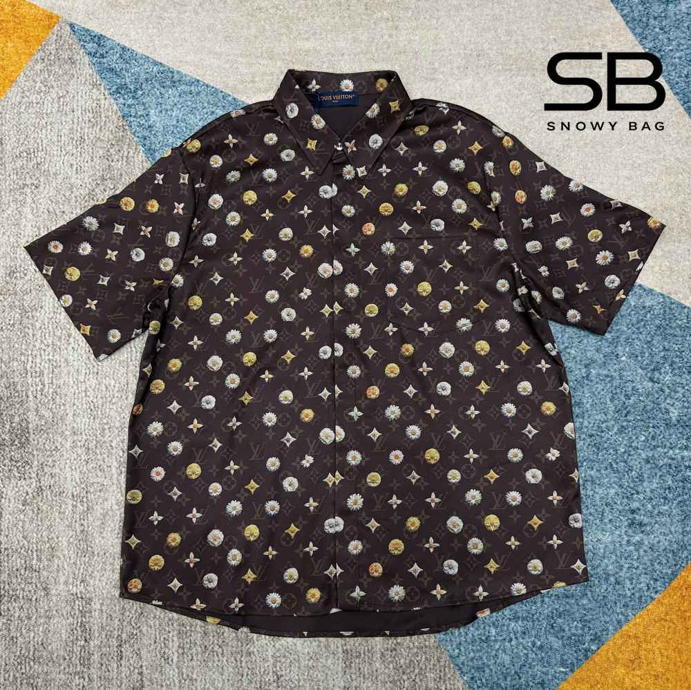 Áo Sơ Mi LV Monogram Printed Short-Sleeved Silk Shirt Deep Brown sang trọng