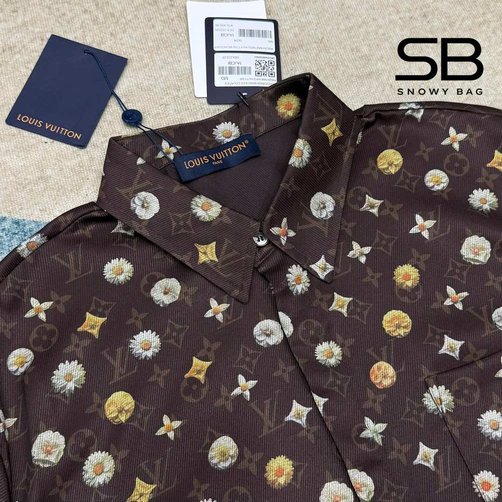 Áo Sơ Mi LV Monogram Printed Short-Sleeved Silk Shirt Deep Brown sang trọng