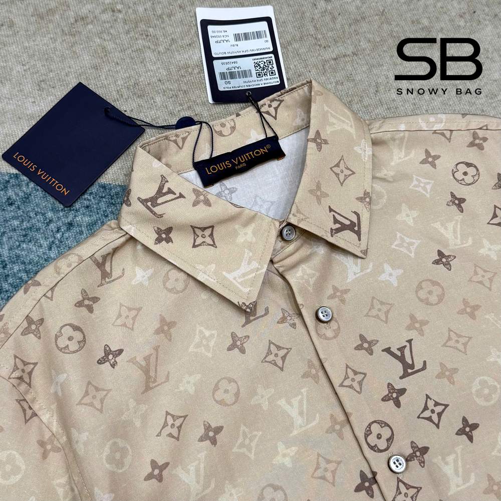 Áo Sơ Mi LV Monogram Short-Sleeved Shirt Beige 1AK77Y với logo tinh tế