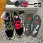 Giày Jordan 1 Low Travis Scott Black Olive với thiết kế độc đáo và phong cách.