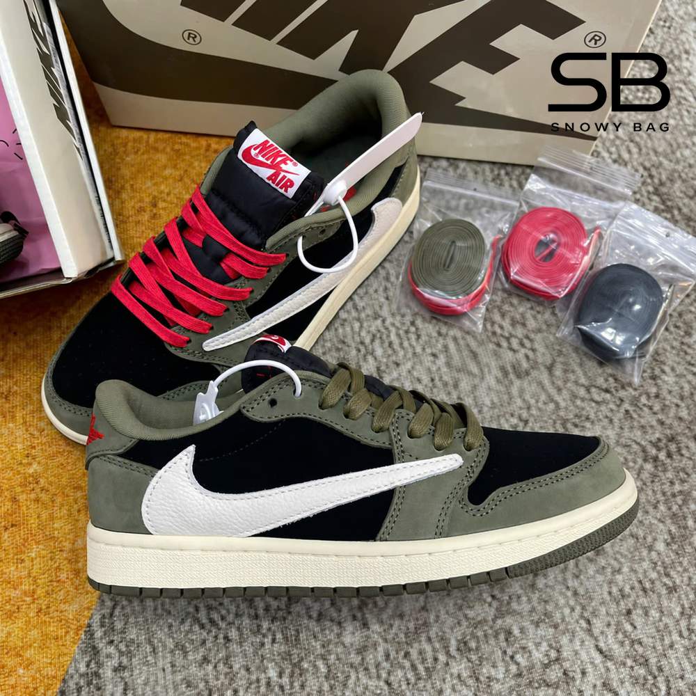 Giày Jordan 1 Low Travis Scott Black Olive, phong cách trẻ trung, thời thượng.