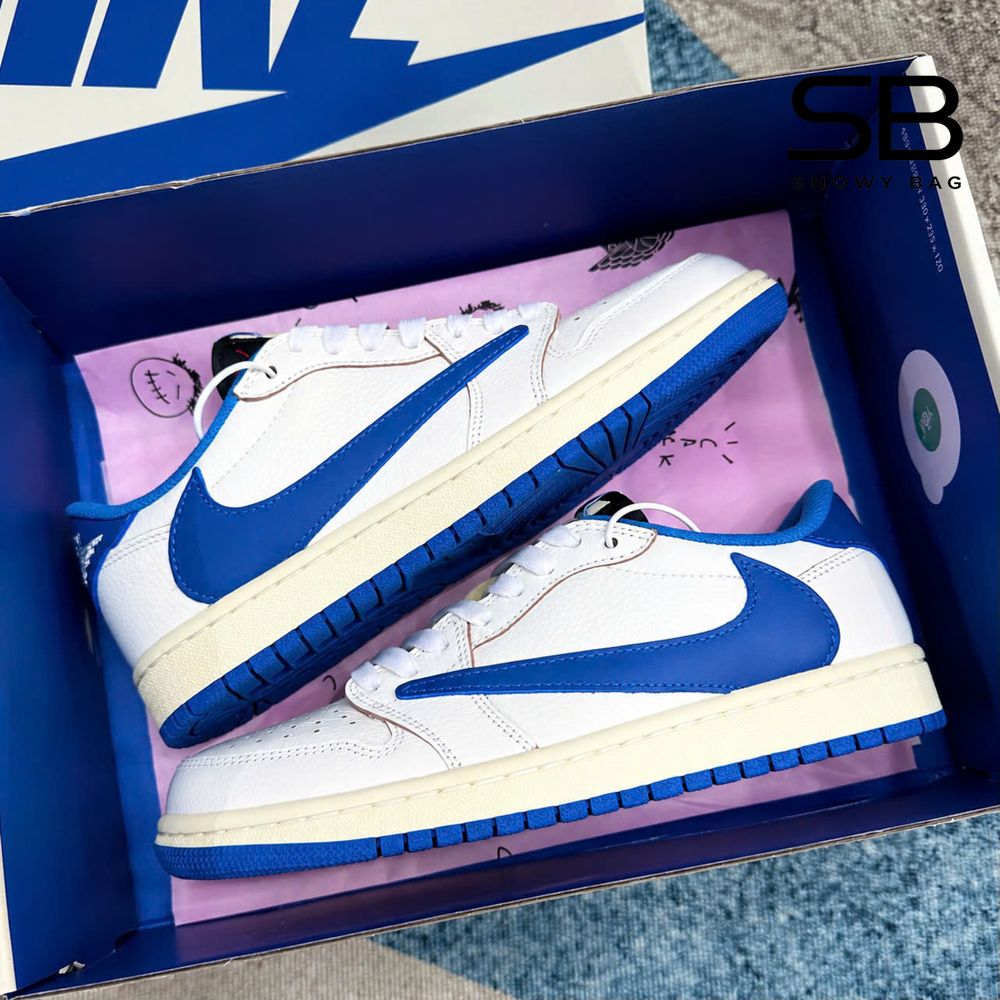 Giày Jordan 1 Low Travis Scott Fragment Reverse Sail Black Military Blue, phong cách trẻ trung.