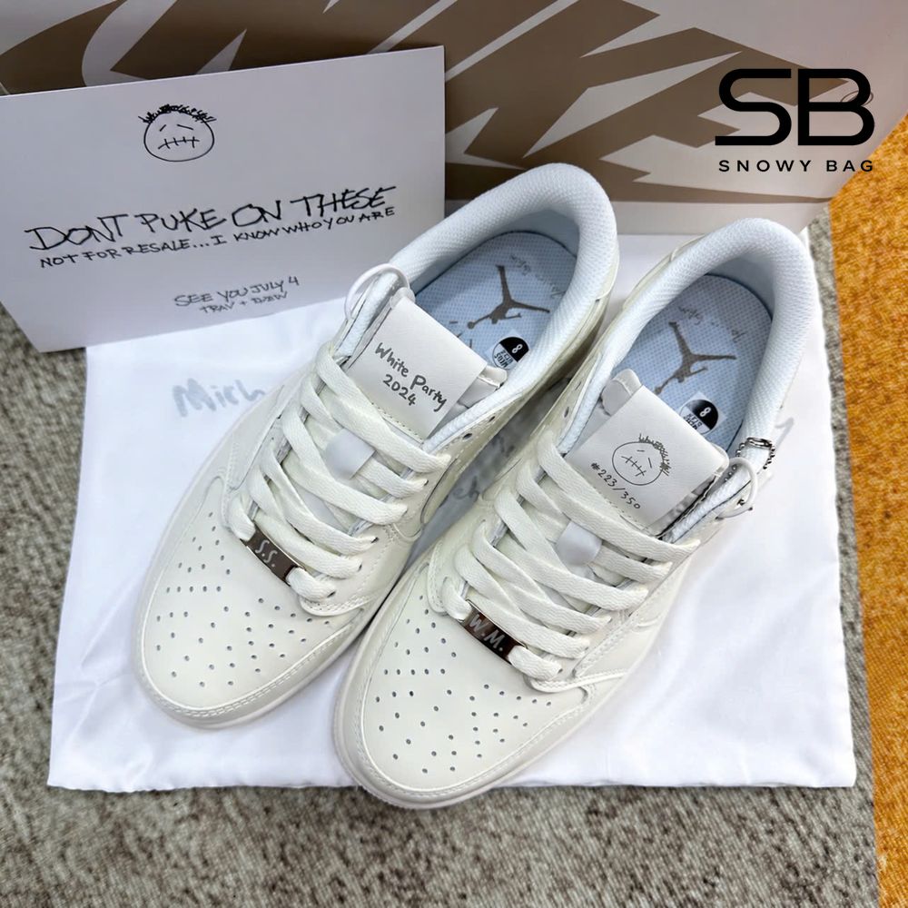 Giày Jordan 1 Low Travis Scott White Party Trắng, phong cách thời thượng.
